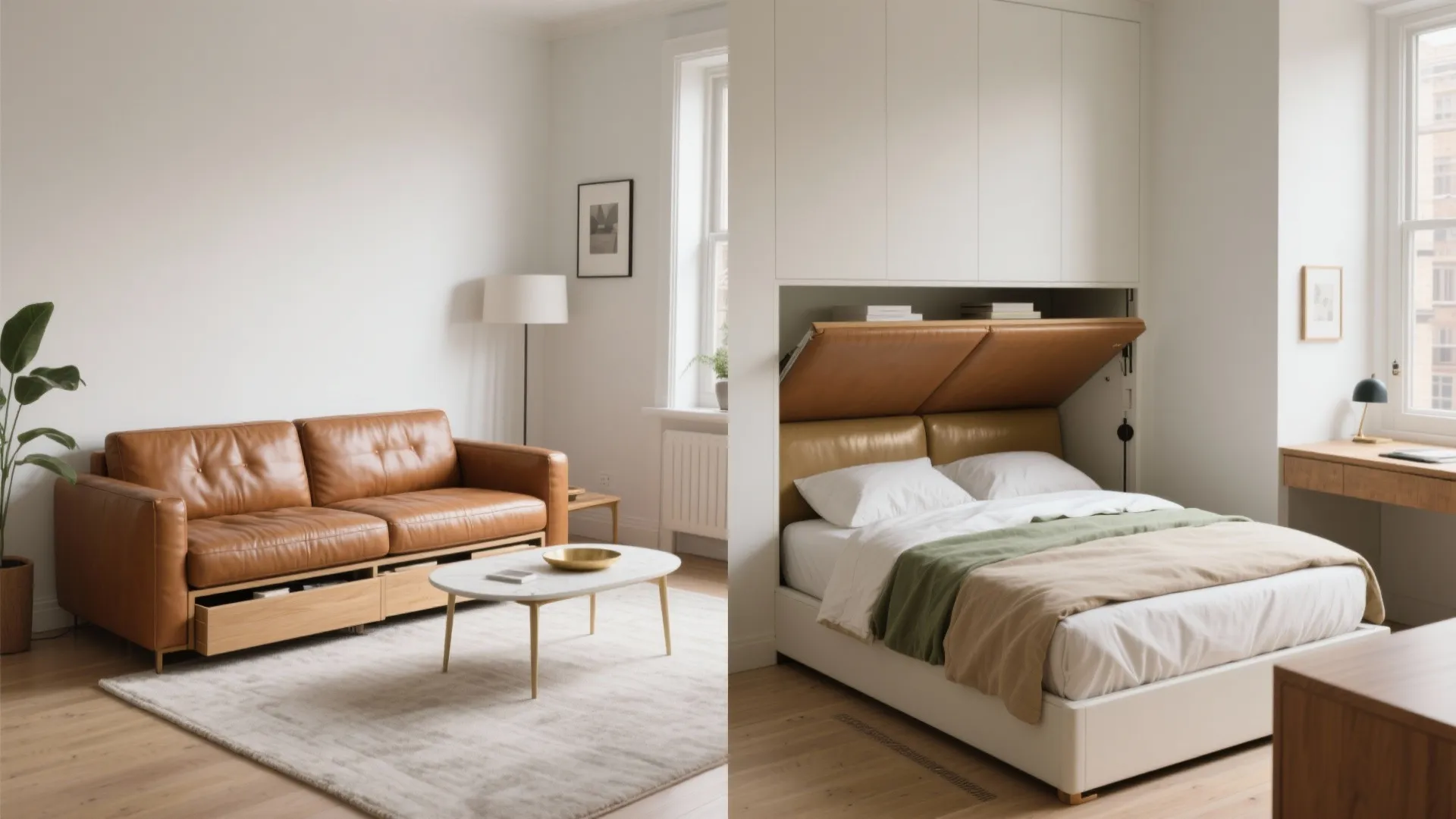 Side by side view of a leather sofa and a bed folded into a wall