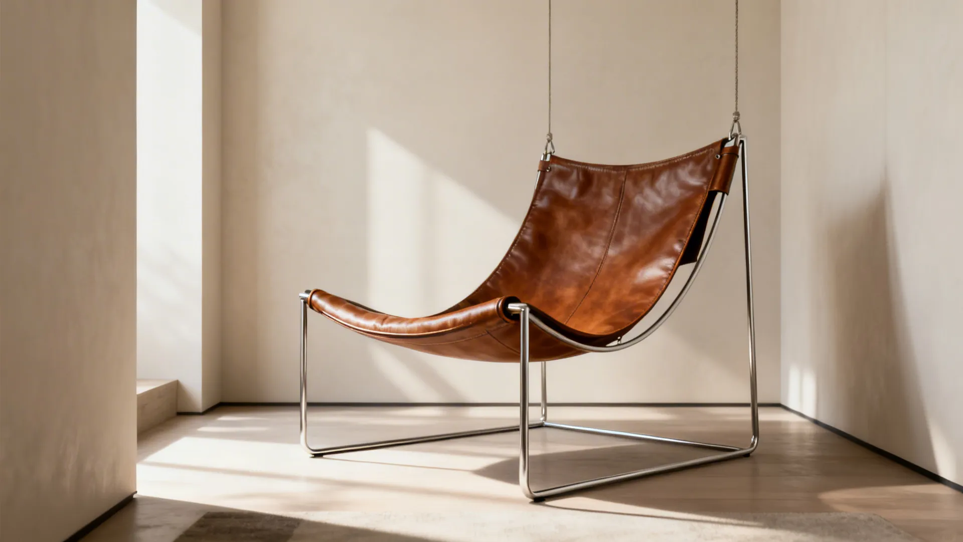 Modern leather sling chair with slim metal frame in a small living space