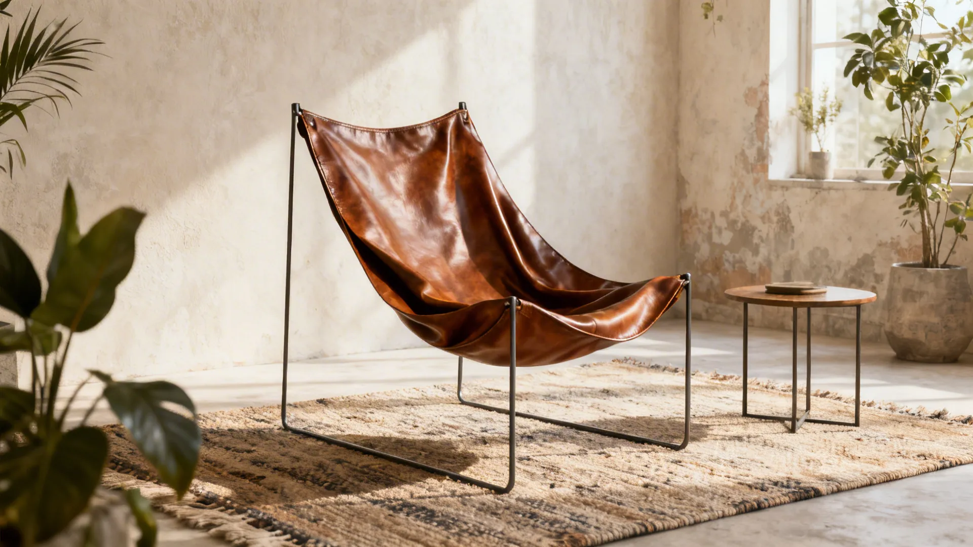 Brown leather chair on textured rug next to small side table and indoor green plants