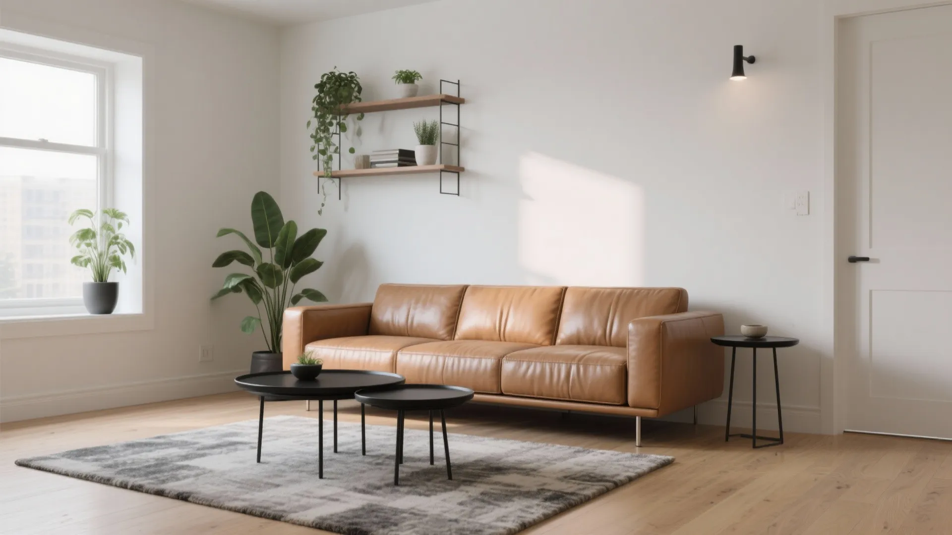 Bright living room interior with tan leather sofa black coffee tables rug and wall light