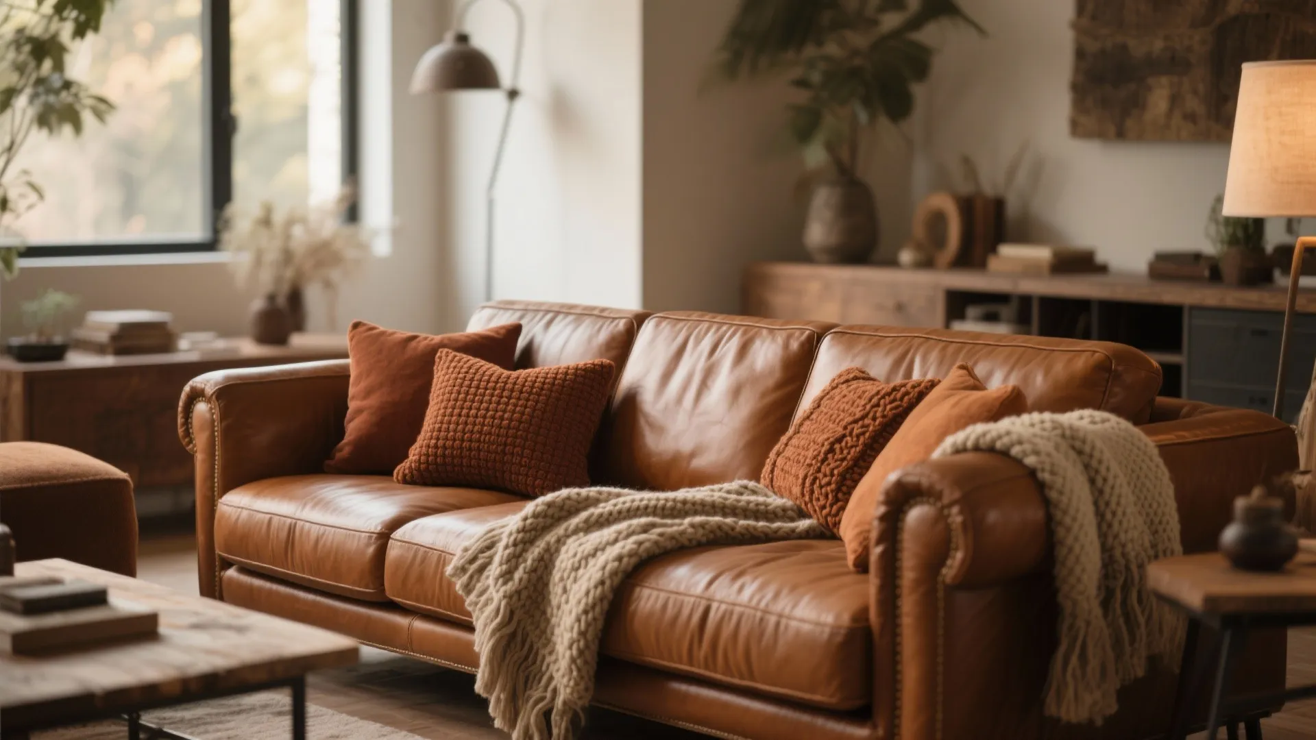 Brown leather sofa with orange pillows and knit blanket near a window and wood table