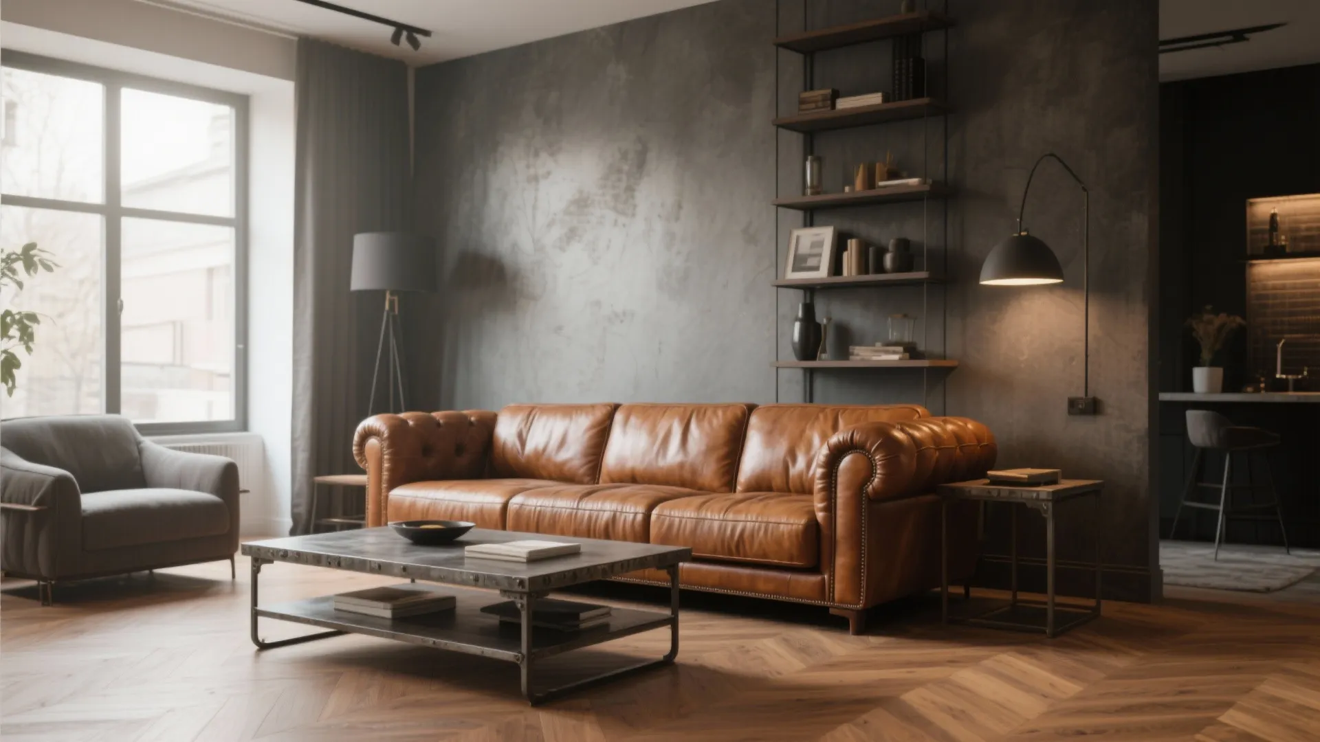 Vintage cognac leather sofa in a masculine living room