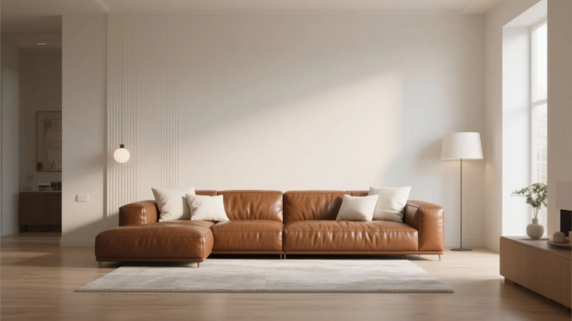 Brown leather sofa with white pillows on rug in minimalist living room with a floor lamp