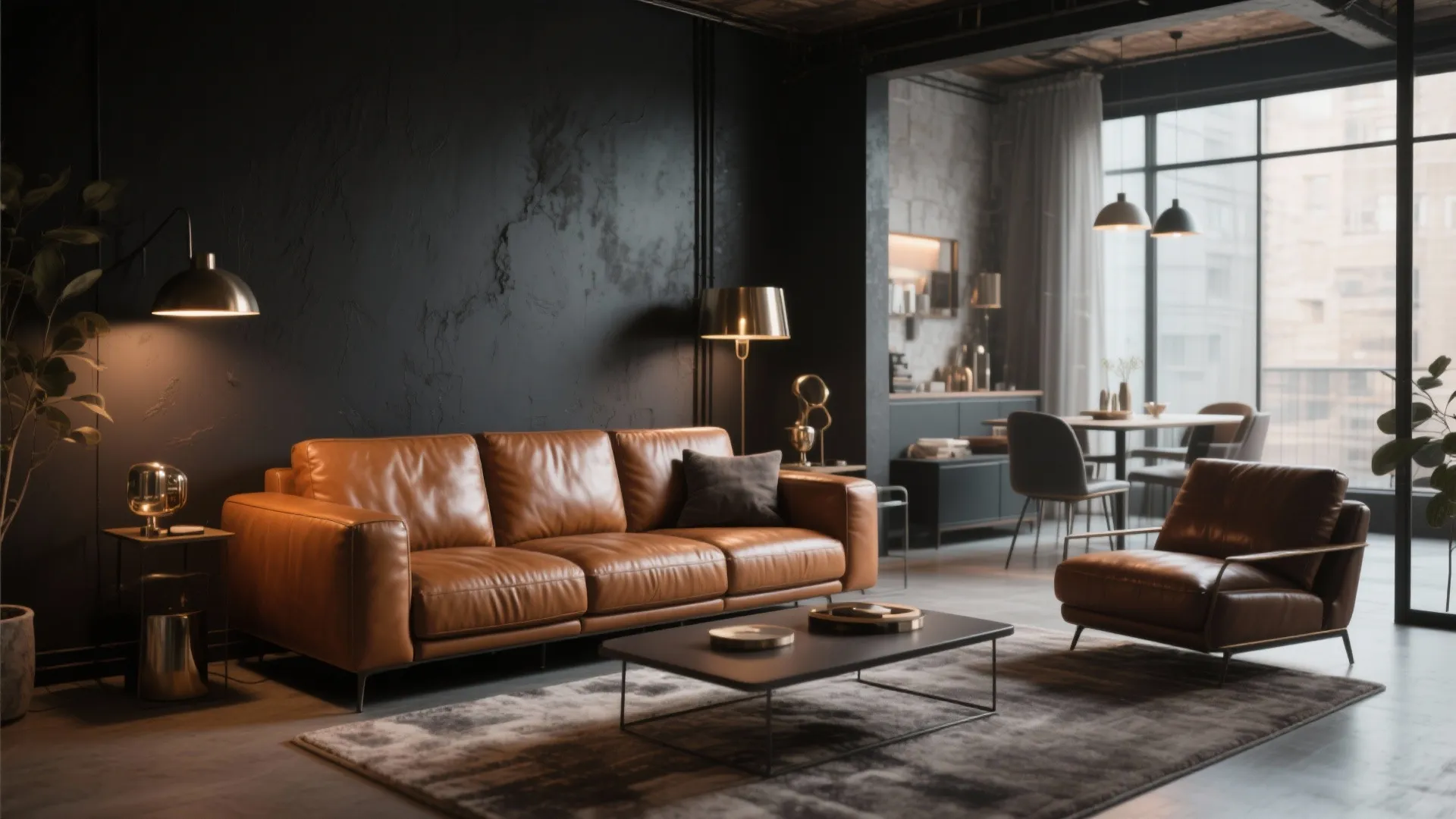 2. Leather Sofa Meets Charcoal Walls
