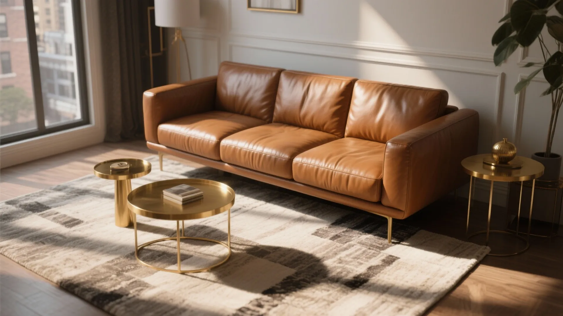 Warm Leather Sofa with Golden Accents