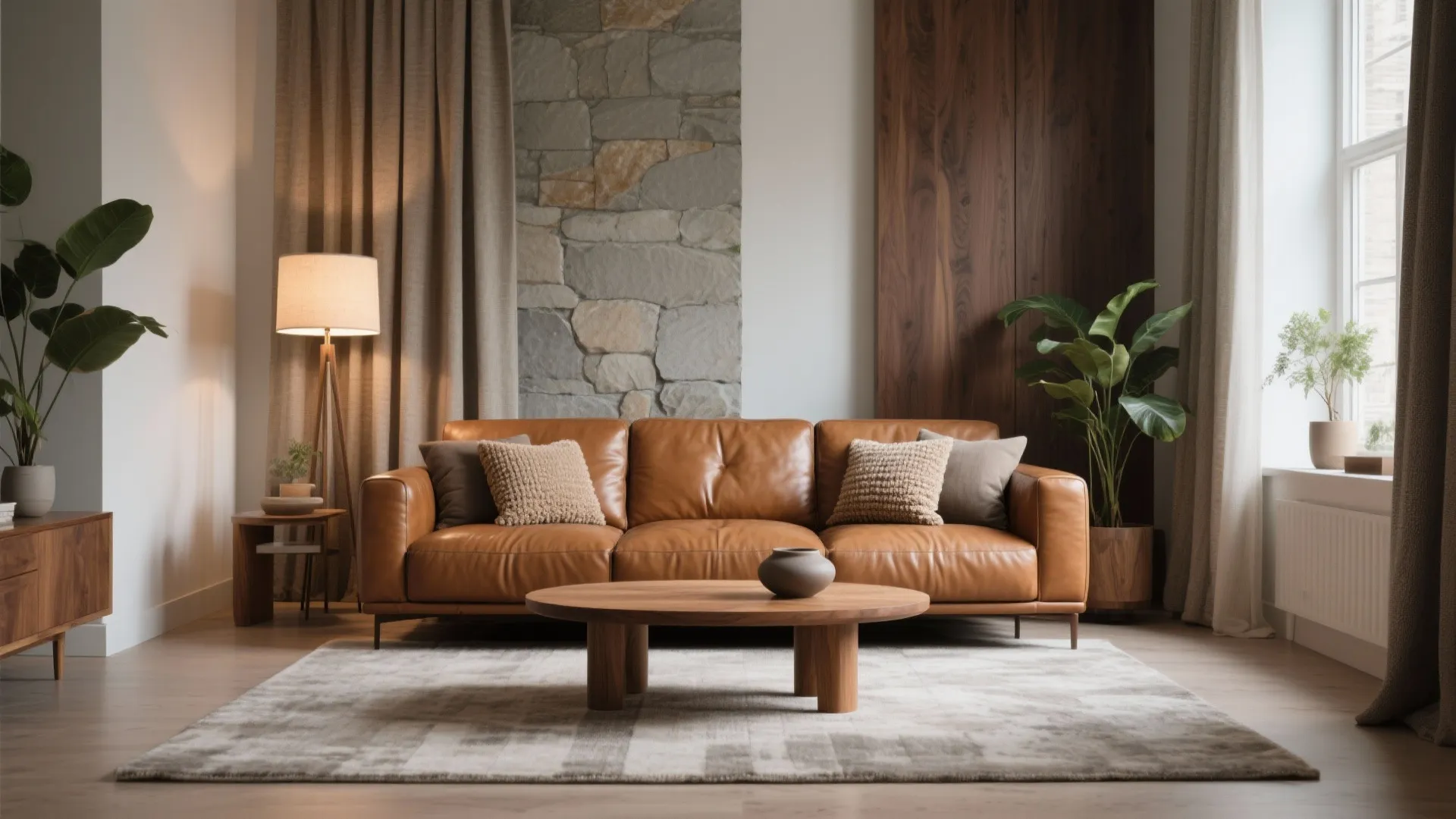 Modern living room with brown leather sofa, wooden coffee table, stone wall, and green plants