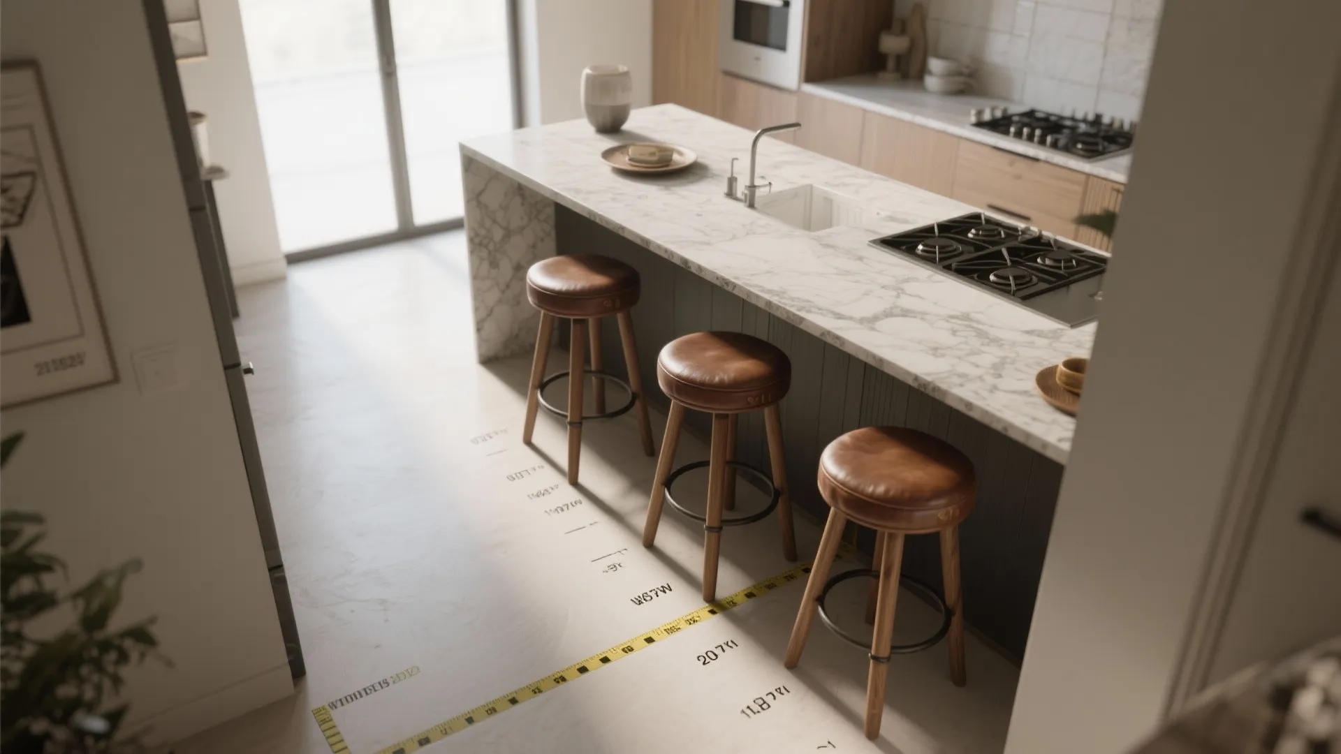 Three brown leather stools at a marble kitchen island with measurements on the floor below