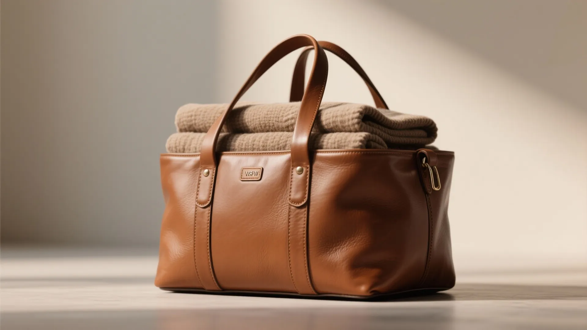 Brown leather storage bag holding two folded blankets sitting on a light colored floor indoors