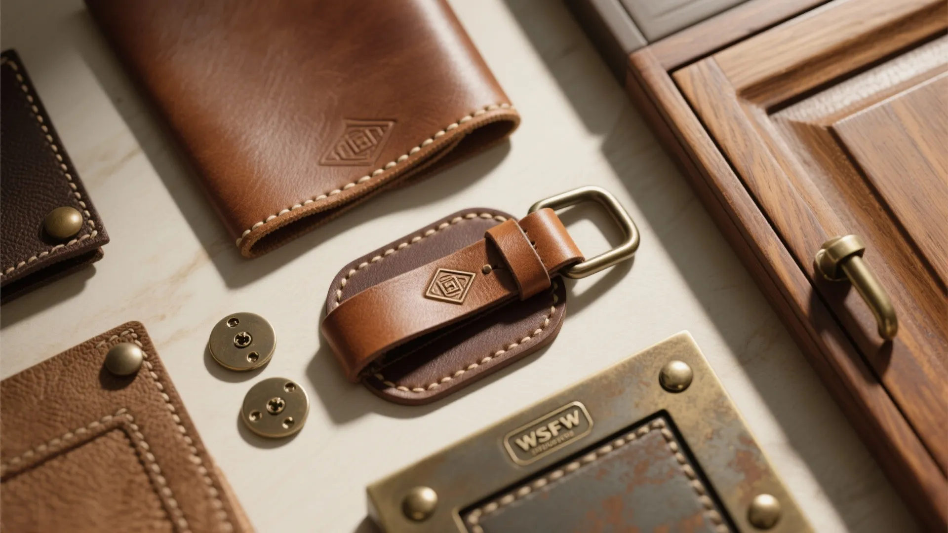 Flatlay of waxed leather strap pulls with metal backing plates and wood paint samples showing mixed-material combinations.