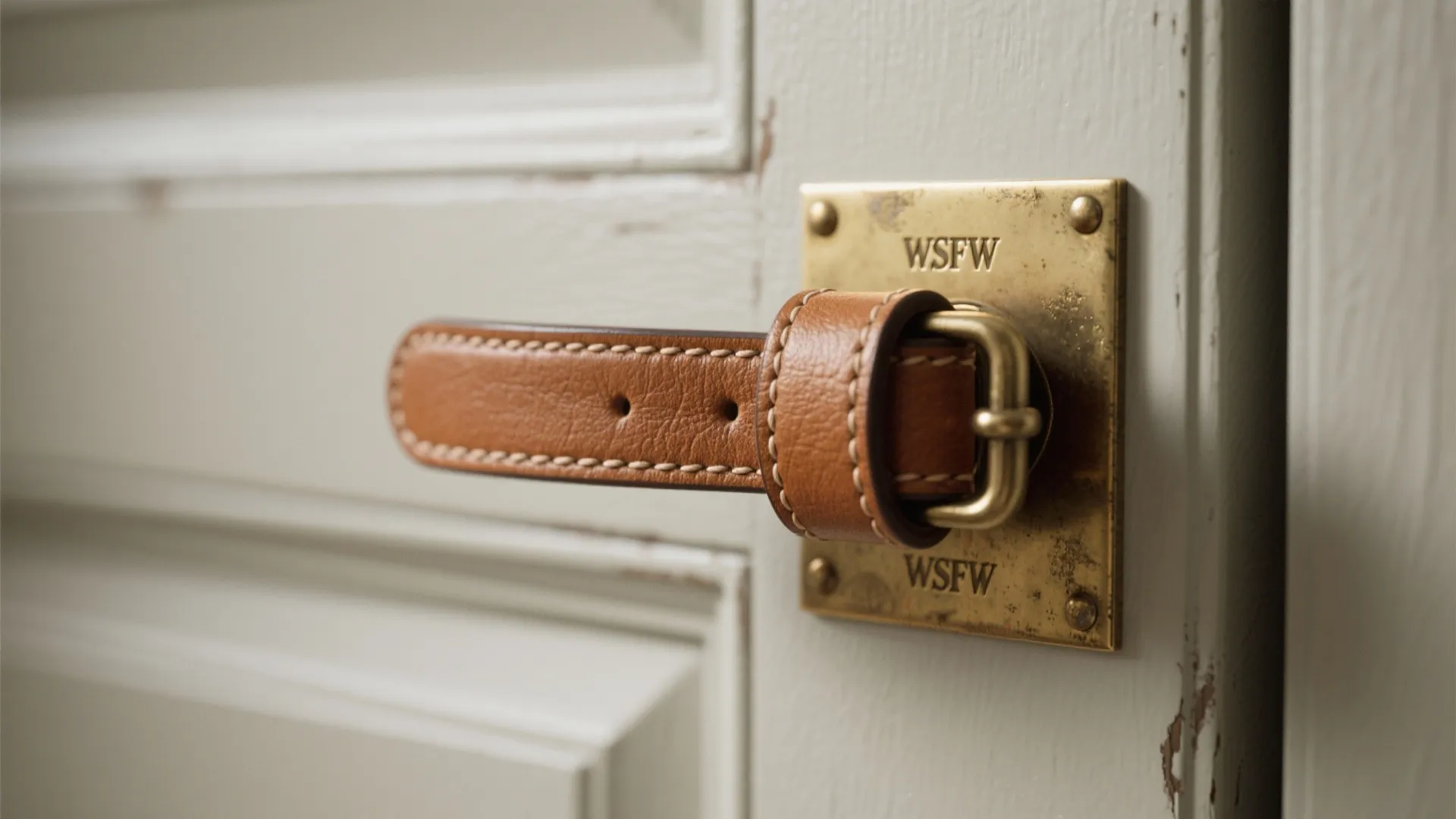 Brown leather strap door handle with brass buckle and metal plate on white painted wooden door