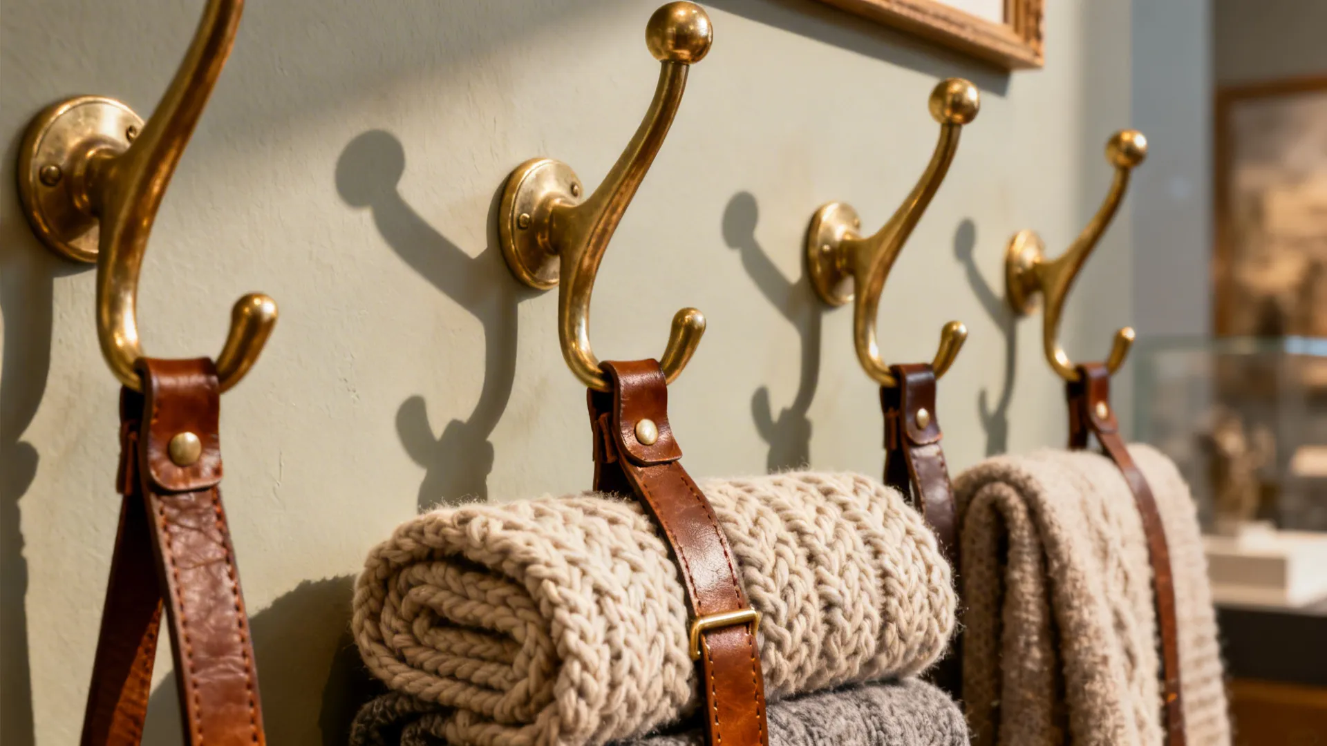 Close-up of leather straps looped over brass hooks holding folded chunky knit blankets.