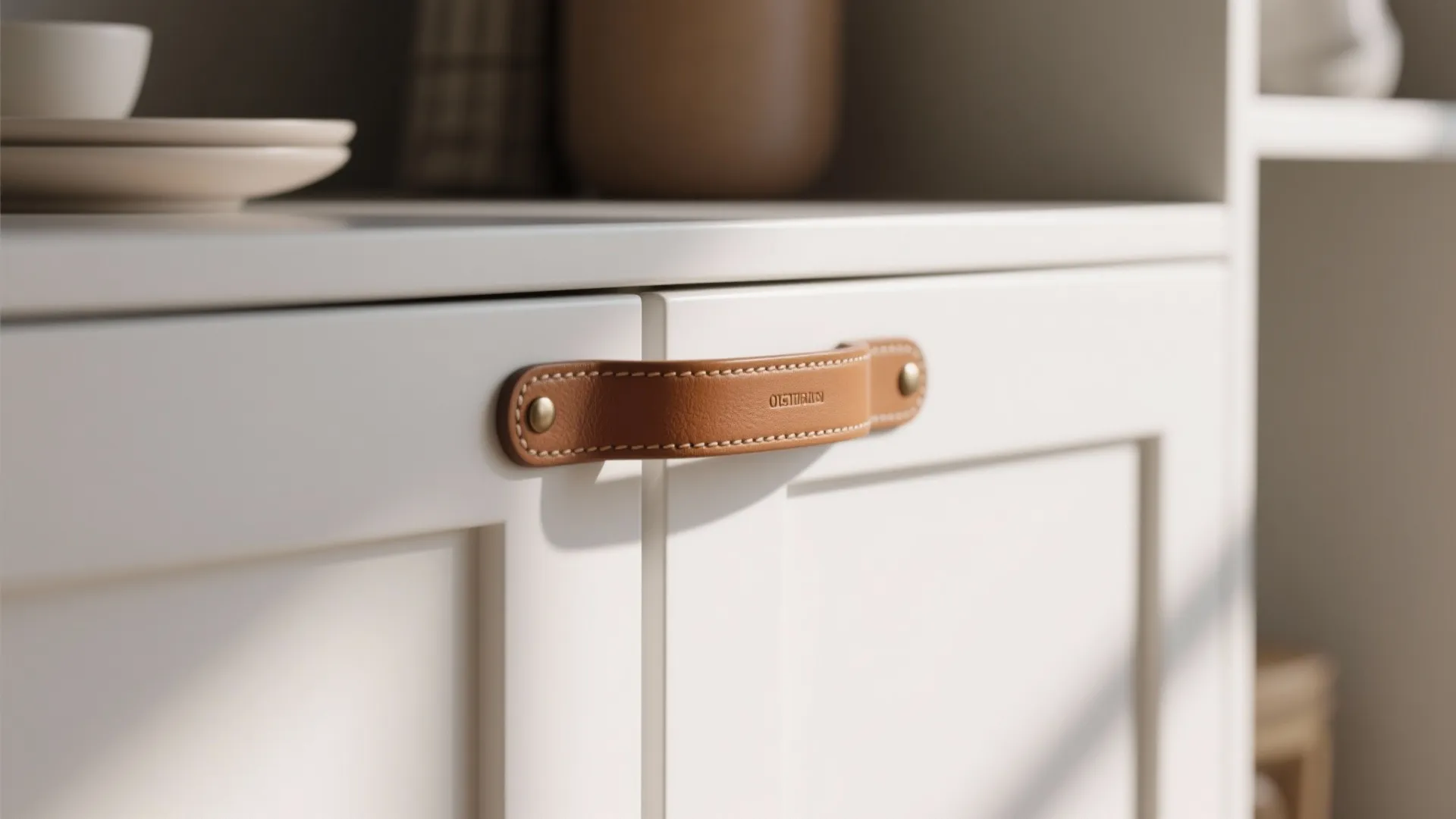 Close up view of a brown leather cabinet handle on a white wooden drawer furniture