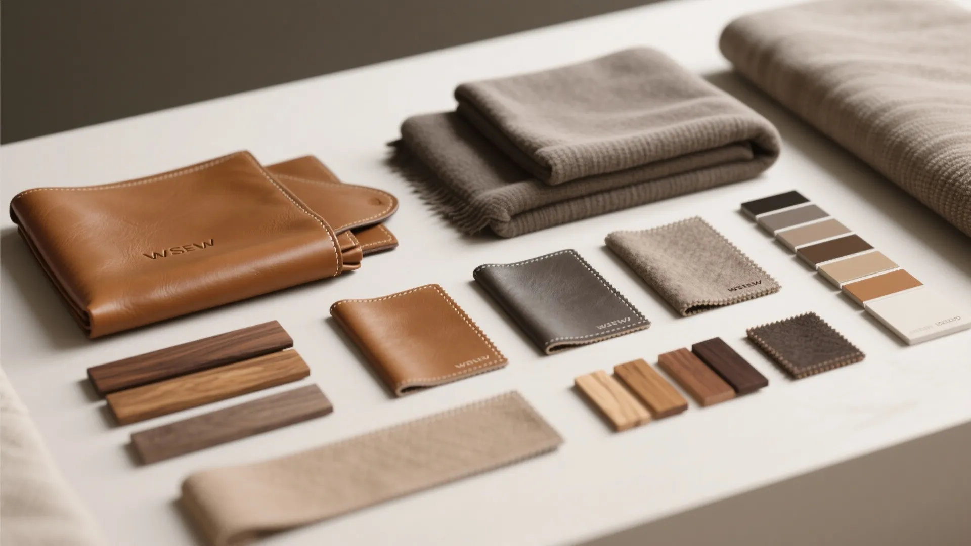 Interior design mood board with brown leather samples wood pieces fabric swatches and color palette chips
