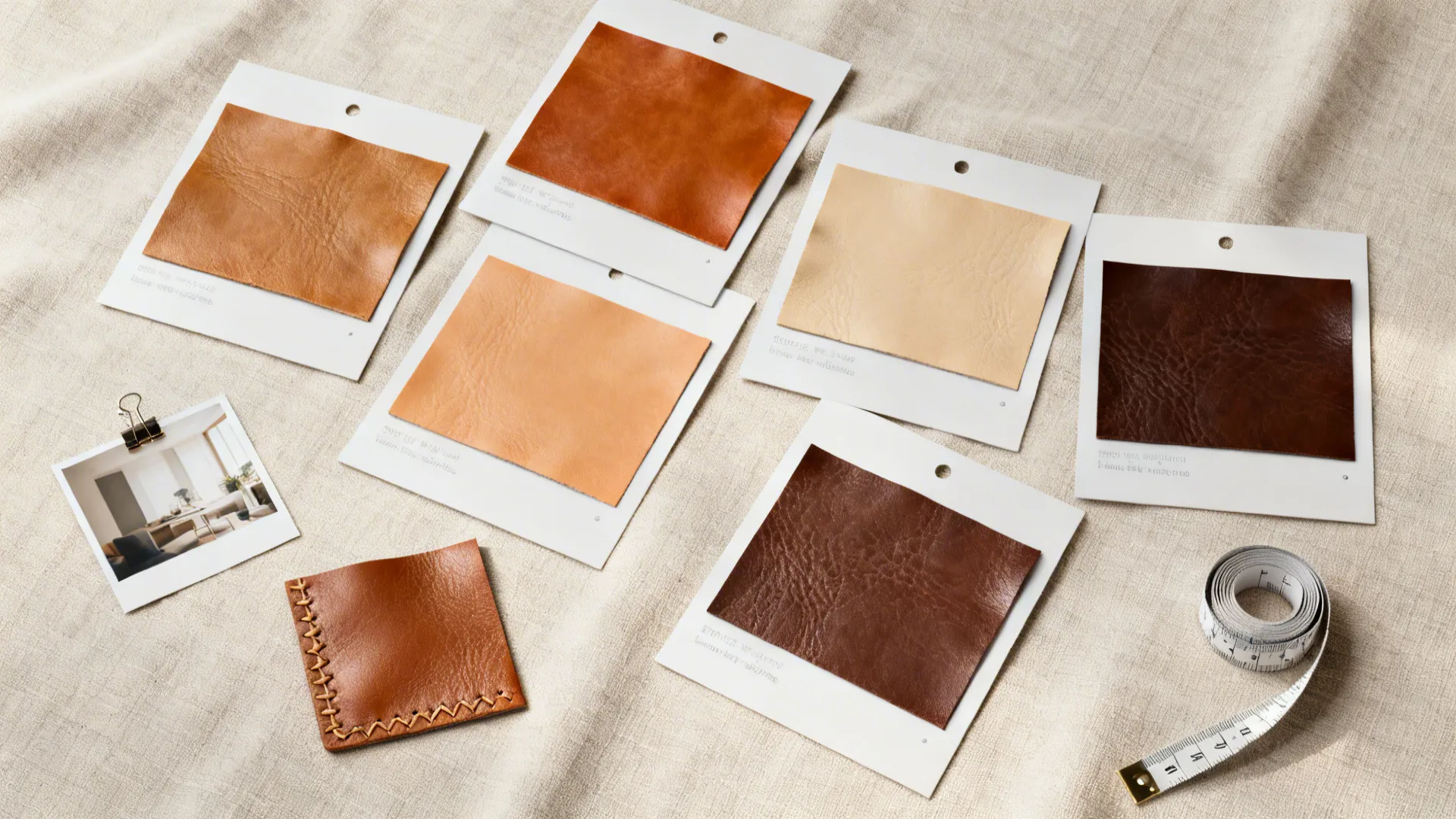 Flatlay of leather swatches in tan, cognac, beige and a faux PU sample with measuring tape and sample photos