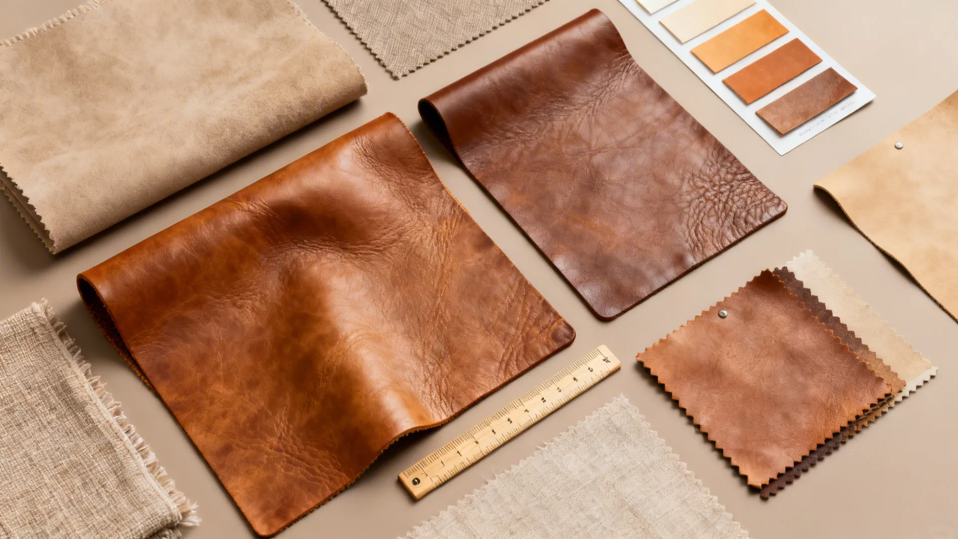 Top-down flatlay of leather swatches and color chips for testing finishes