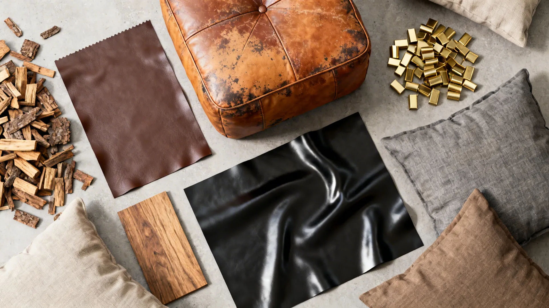 Top-down flatlay of matte, distressed, and glossy leather swatches with wood and brass samples.