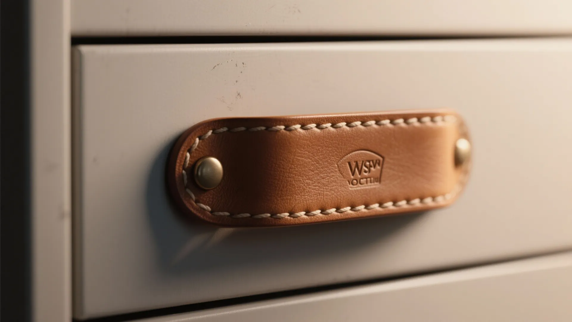 Brown leather handle with white stitching and brass buttons on a modern white drawer front