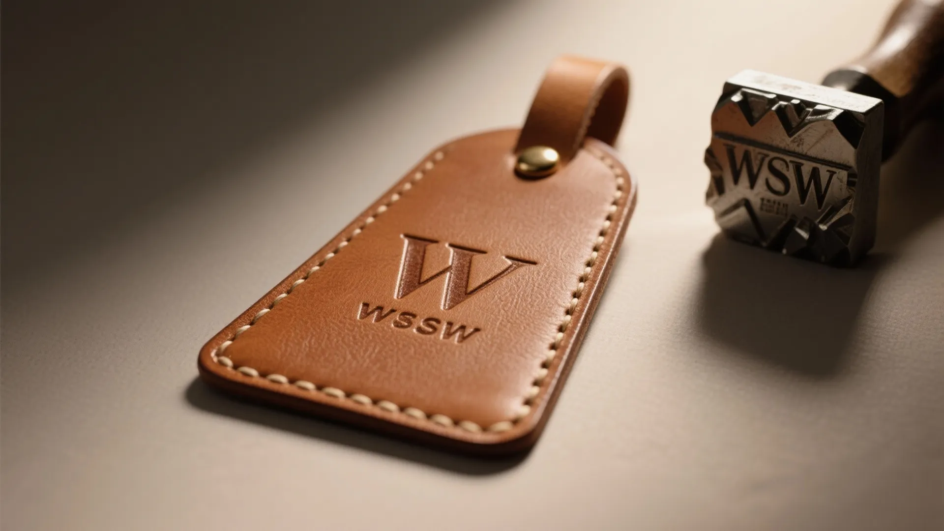 Close-up of a minimal leather door tag with embossed initials and a metal stamp tool, showing leather grain and edge finish.