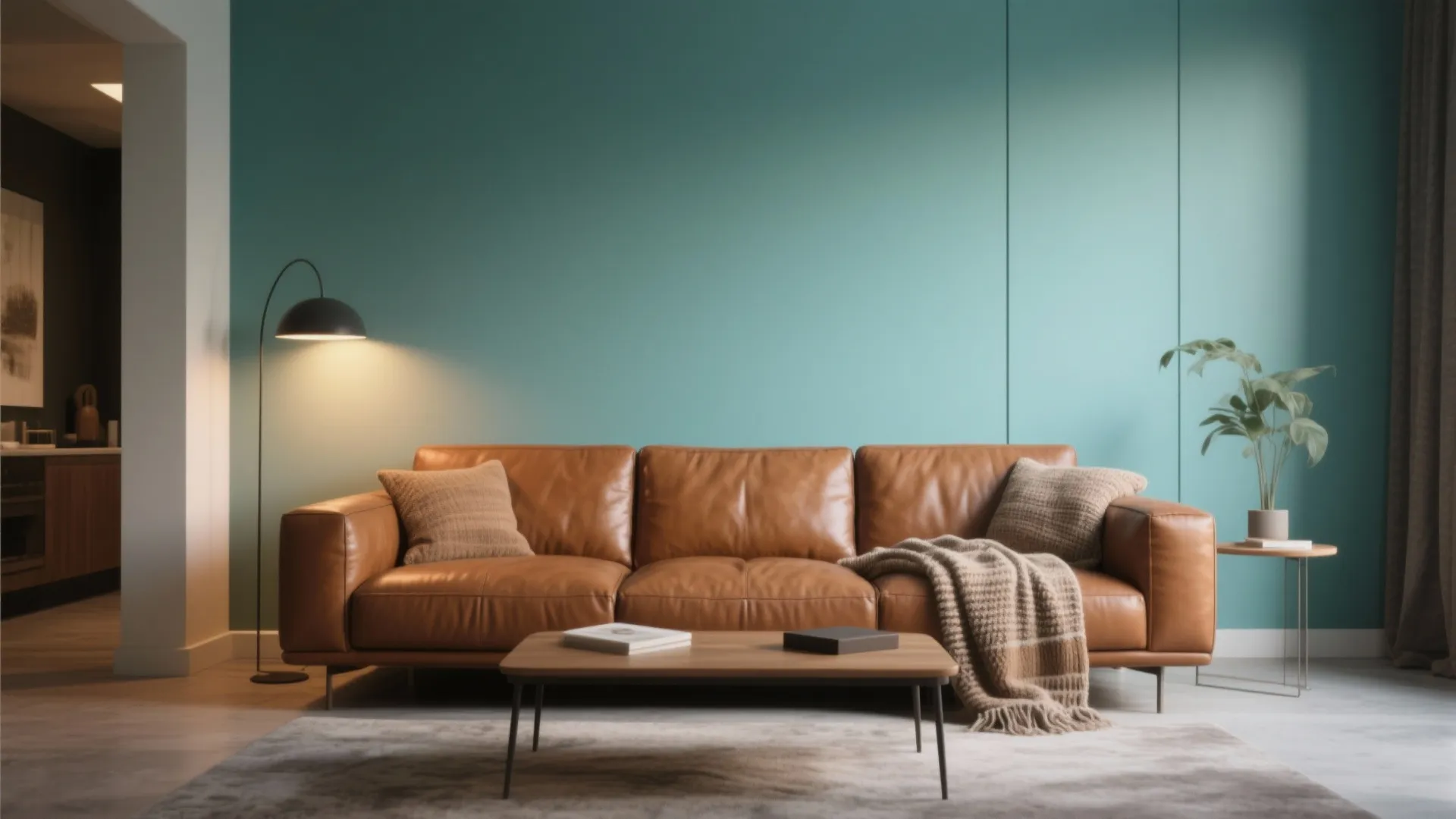 Minimalist living room with dark blue wall brown leather sofa wooden coffee table and floor lamp