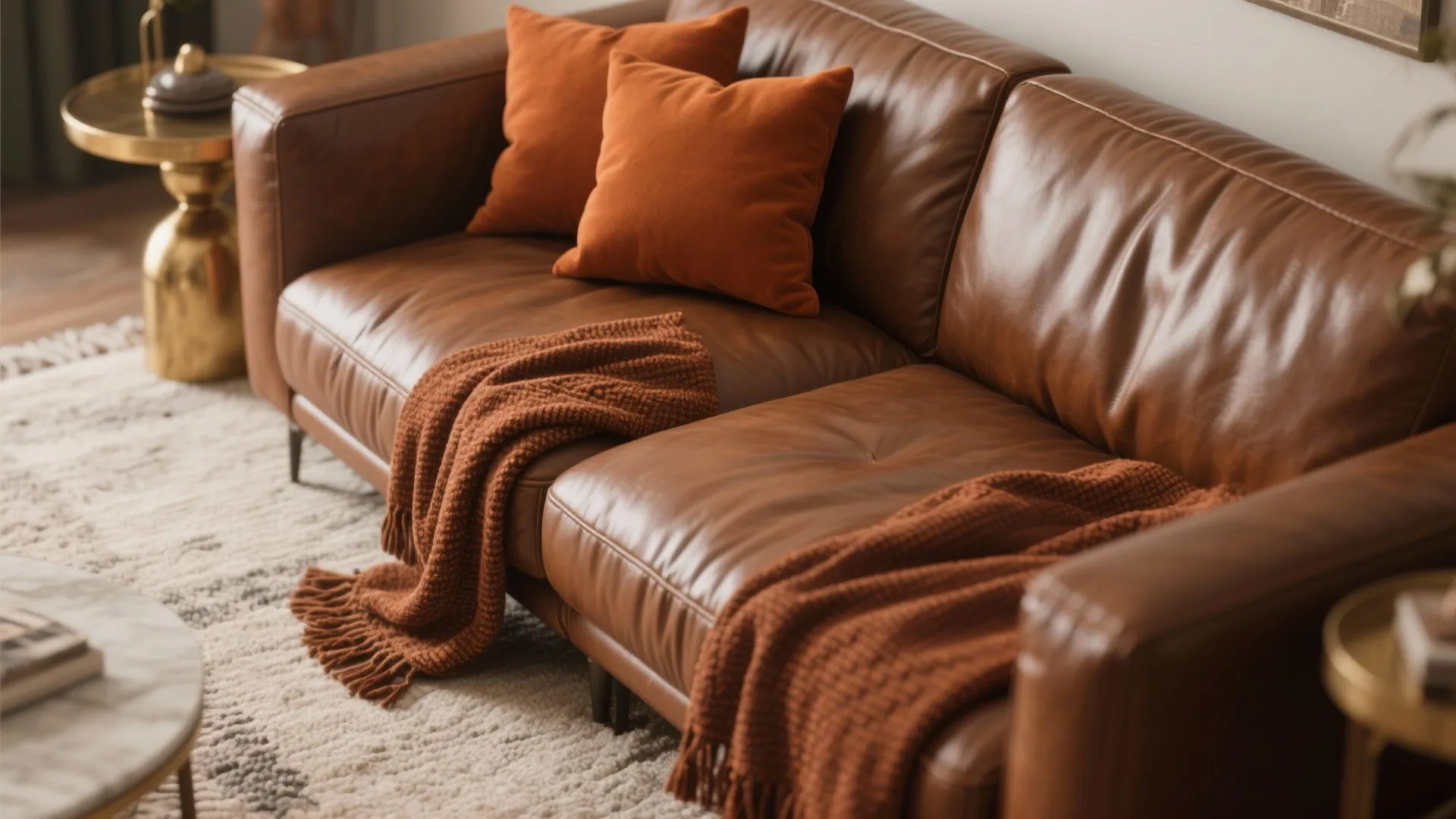 2. Leather Sofa + Terracotta Textiles