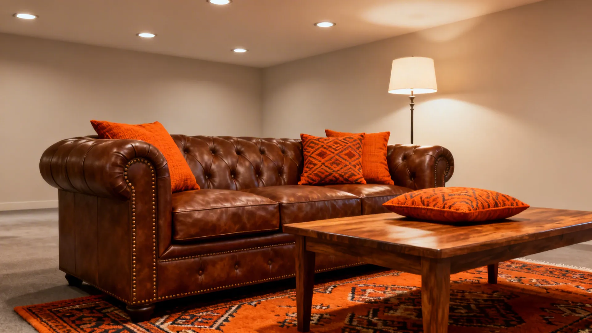Brown leather sofa with orange pillows and wooden coffee table on patterned orange area rug