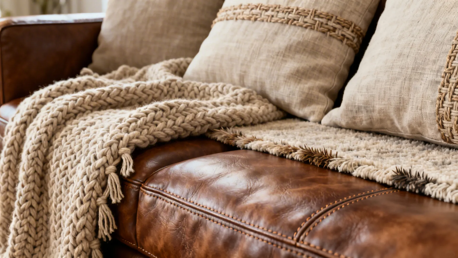 Macro view of leather sofa with knit throw, linen cushions and wool rug showing texture contrast