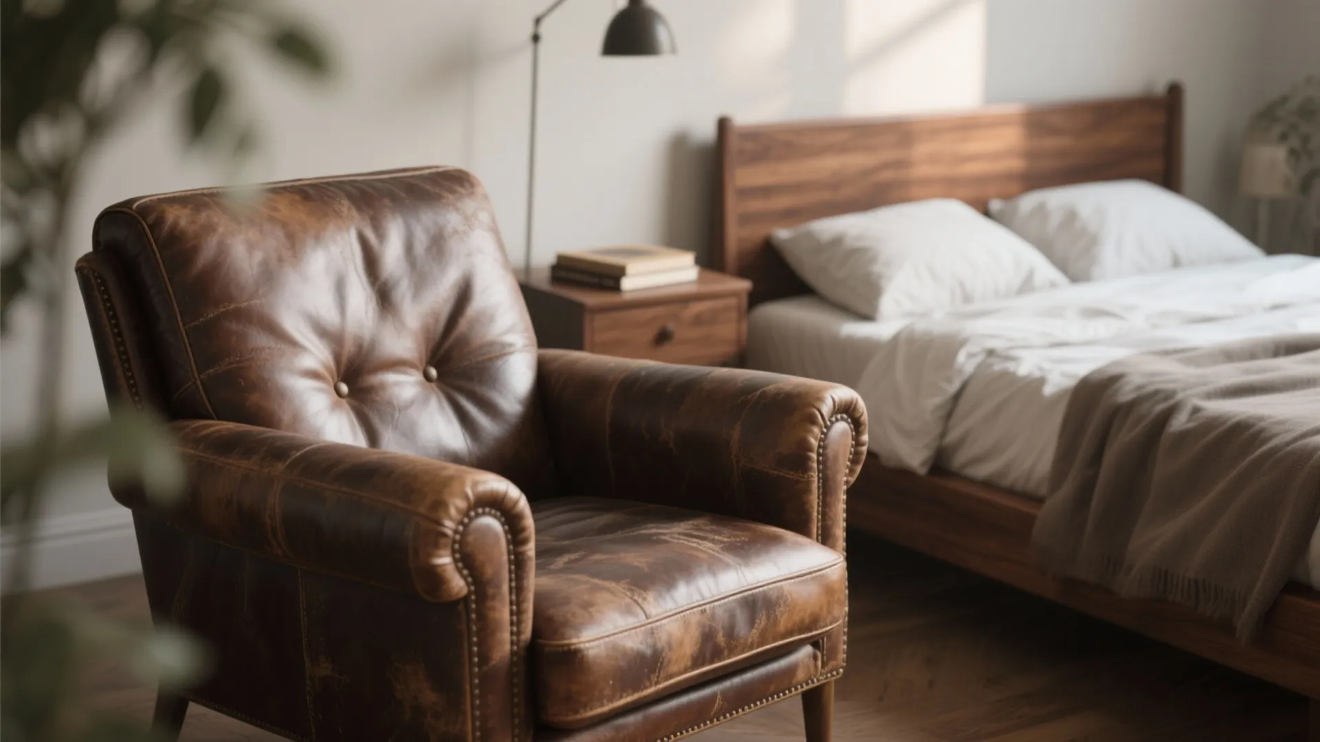 Brown leather chair and wooden bed with white pillows and blankets in a cozy bedroom