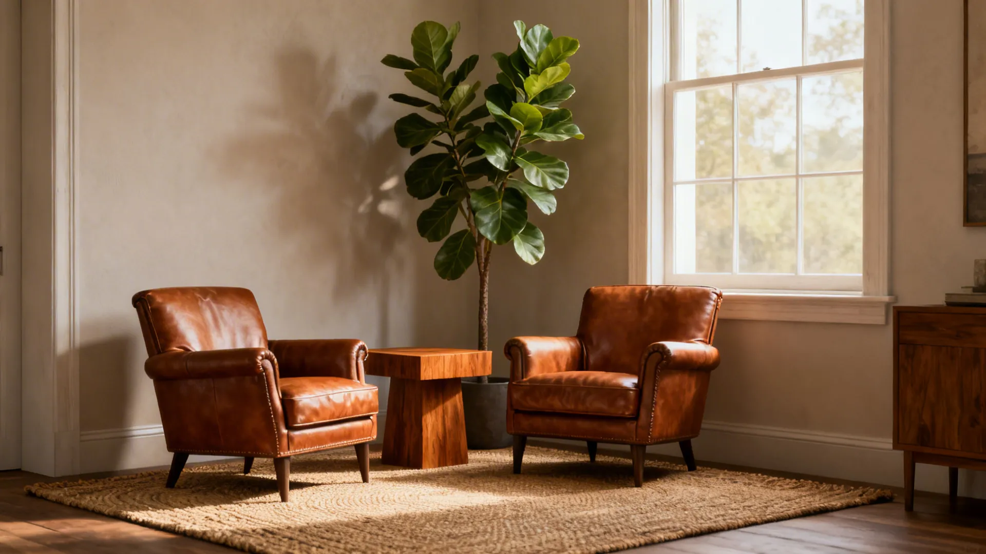 2. Pair leather chairs with wood and greenery