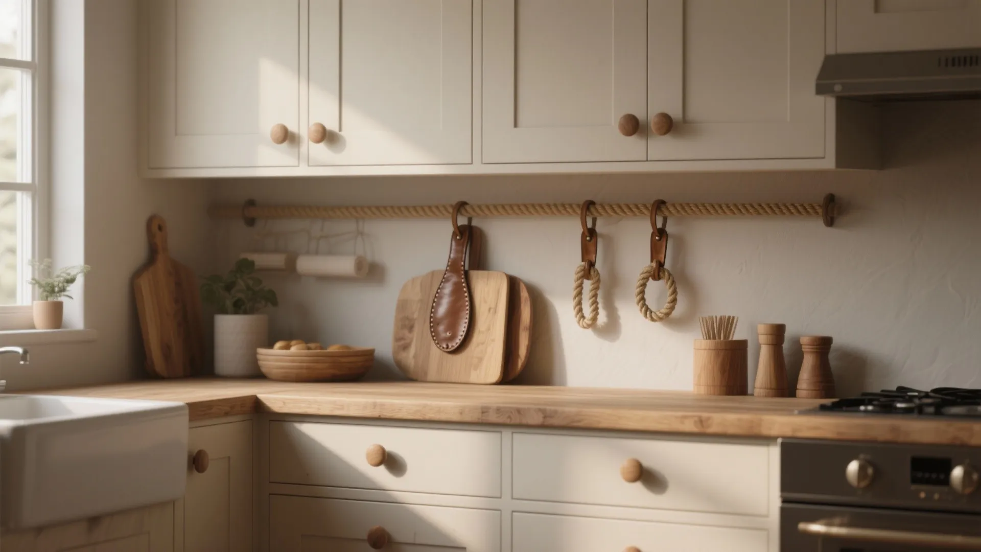 4. Leather, rope, or wood pulls — warmth and texture