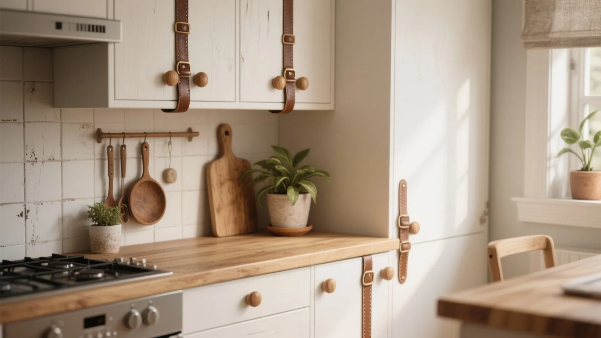 4. Leather and Wood Pulls for Soft Texture