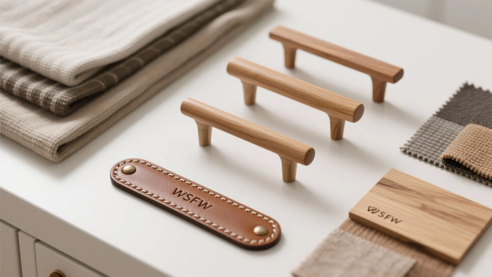 Flat lay showing leather handle wood cabinet pulls fabric samples and interior design material mood board
