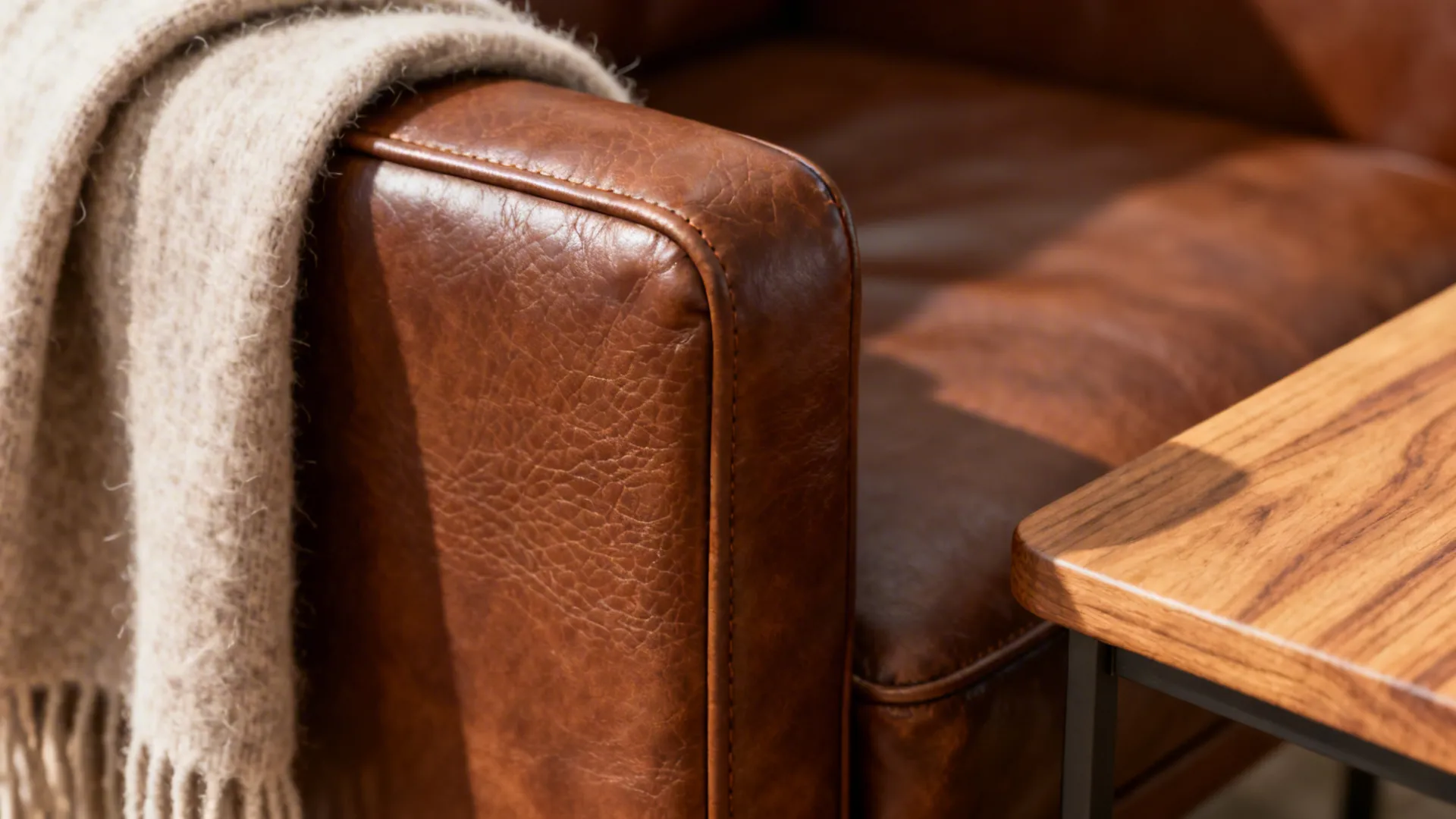 Close-up of brown leather arm with a thin wool throw and oak table showing textures