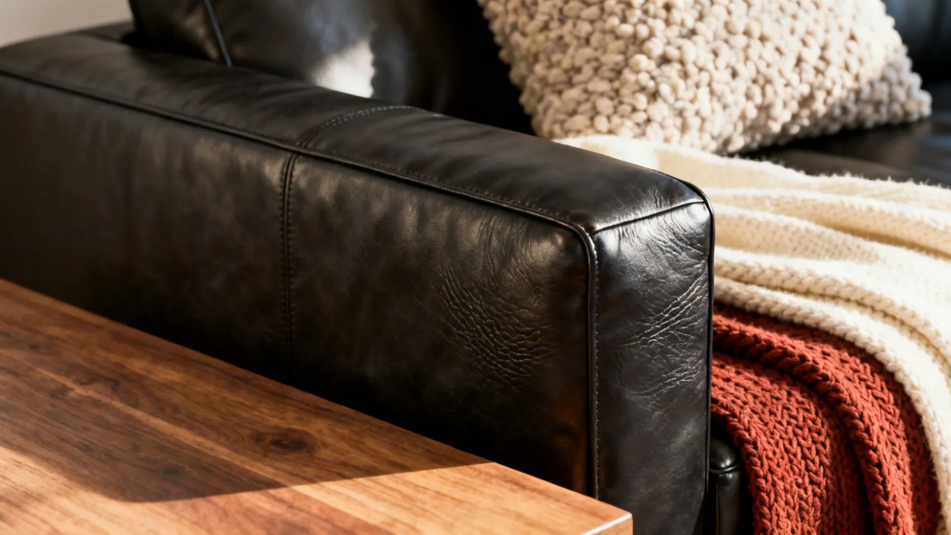 Close-up of black leather arm with oak table and cream rust textiles showing contrasting textures