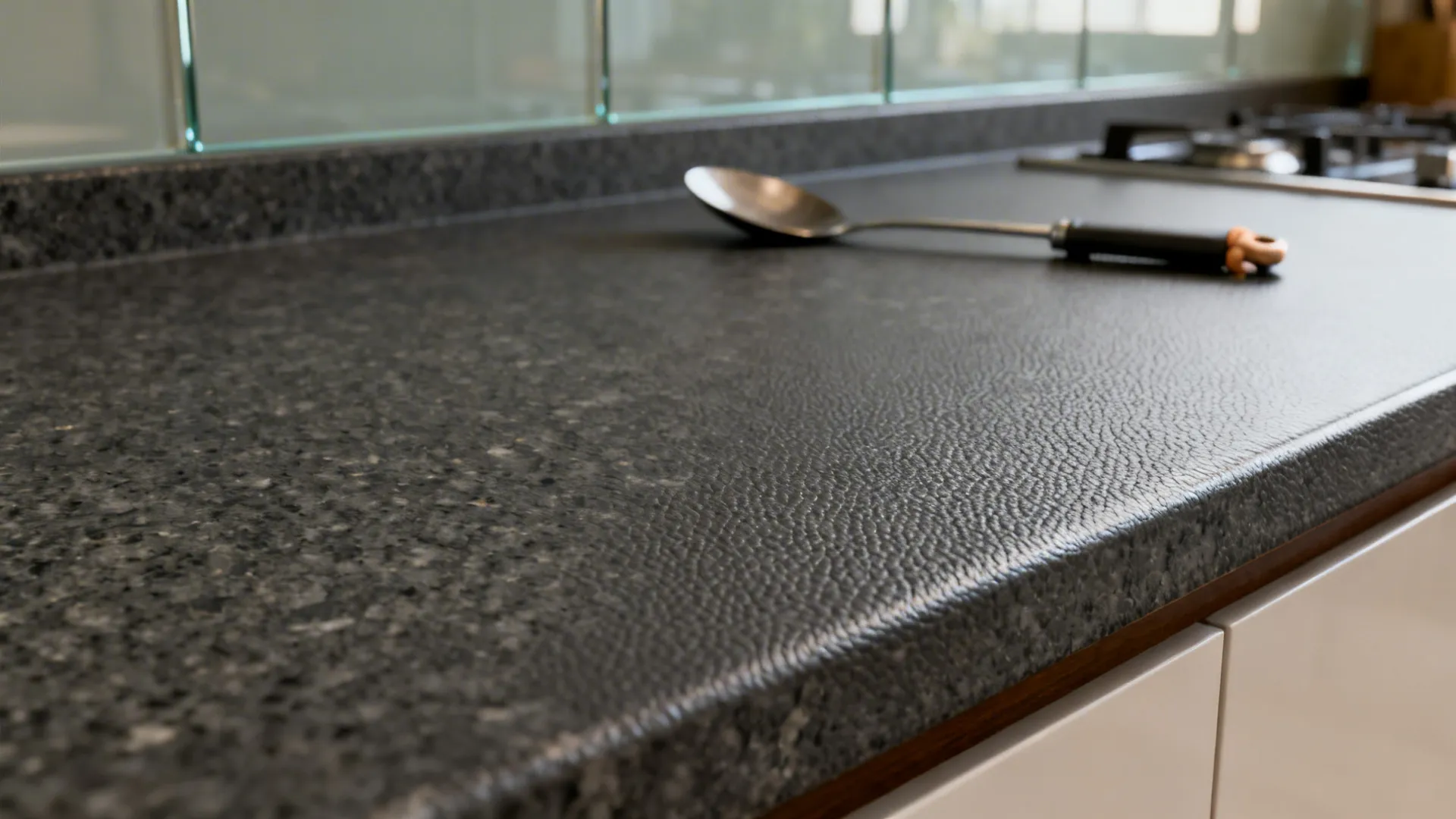 Macro view of leather-finish granite texture in a Chennai kitchen showing tactile, slip-resistant surface.