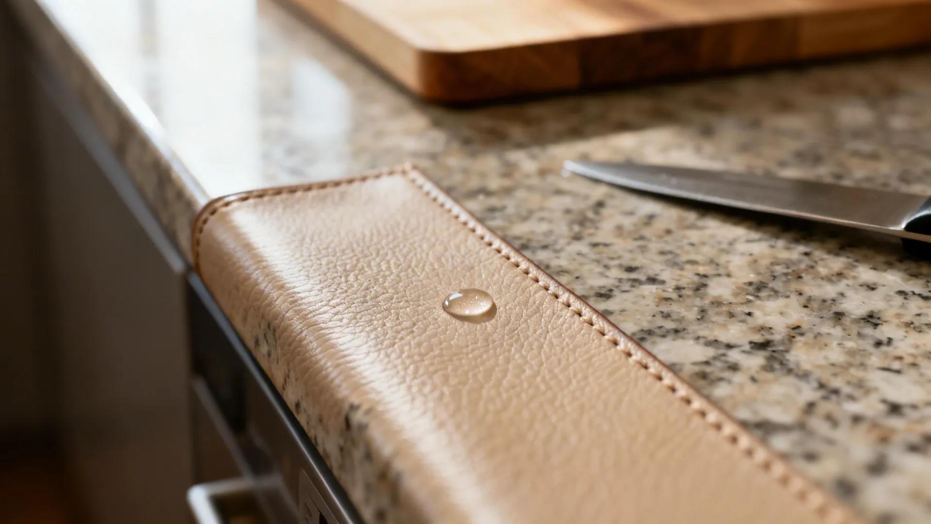 Macro detail of a leathered granite countertop showing tactile texture and soft sheen in daylight.