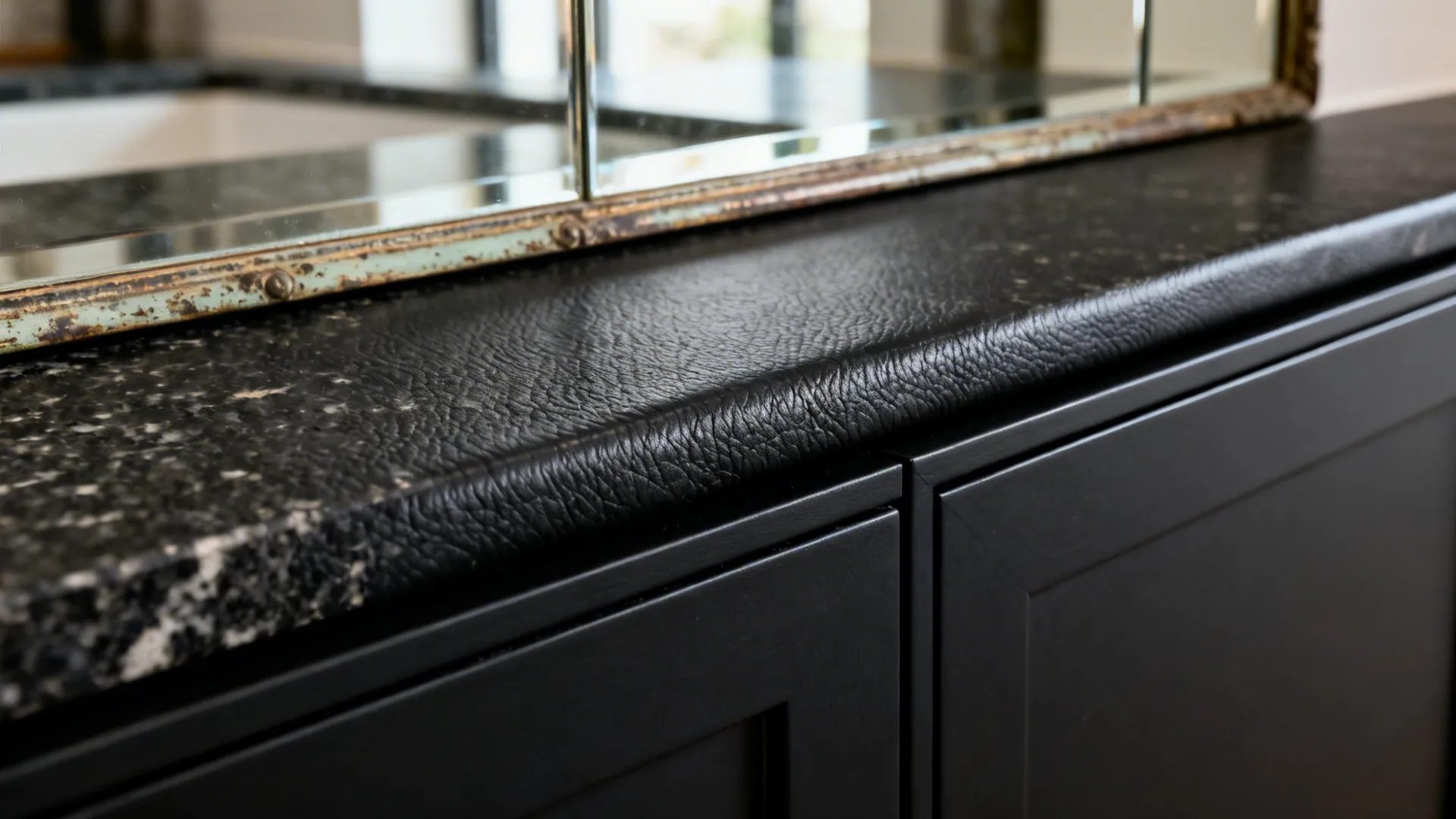 Macro of leathered black granite texture beside matte black cabinetry and a soft mirror reflection.