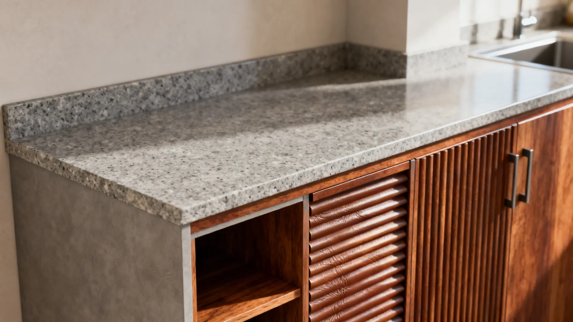 Small kitchen with leathered granite countertop and warm walnut shelves and tambour doors.