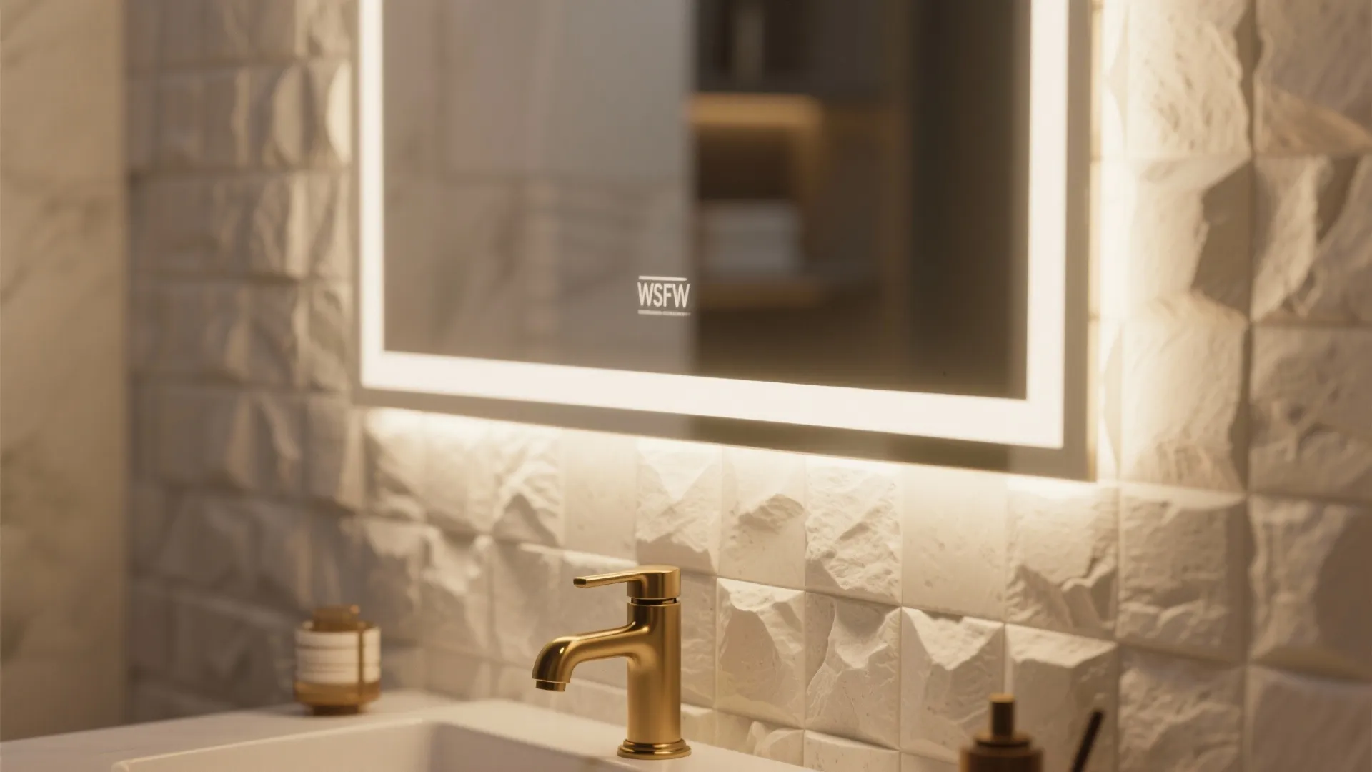 Lighted bathroom mirror above a white sink with gold faucet and textured stone wall panel