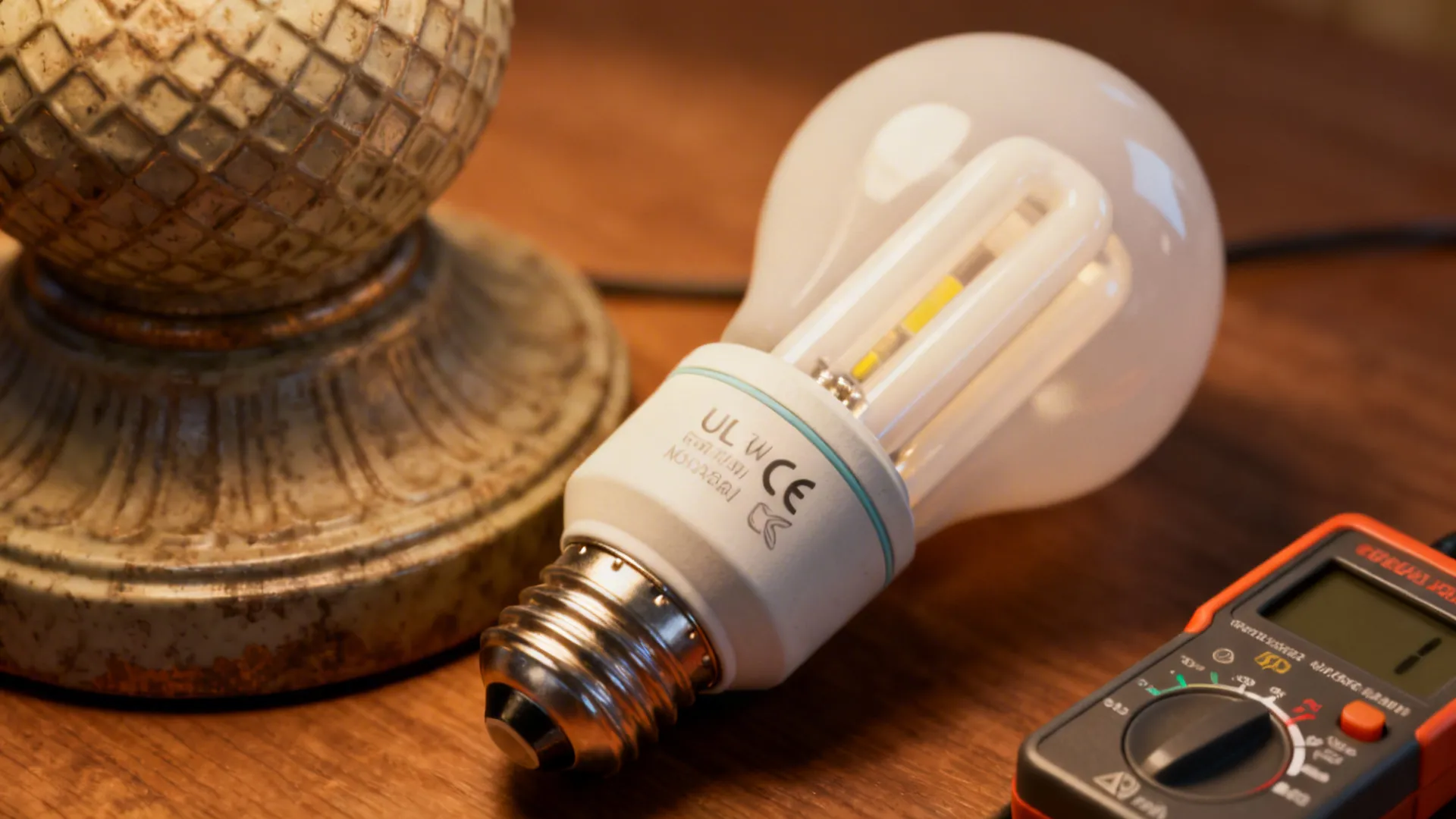 Macro of an LED 3-way bulb beside a textured lamp base highlighting energy-saving features