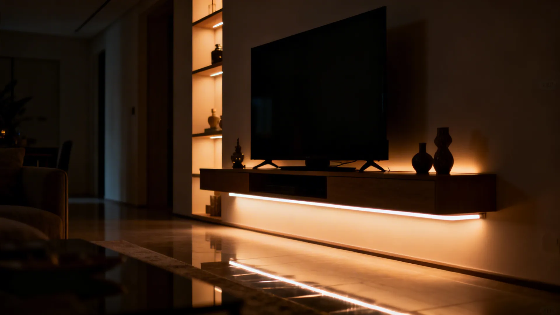 Warm LED strip hidden behind a floating media console adding depth to a narrow living room