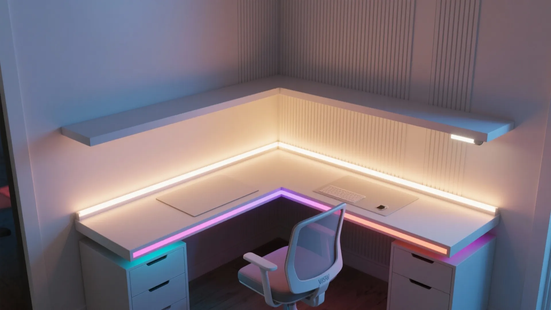 Home office wall with shallow grooves and color-tunable LED strips creating floating illusion.