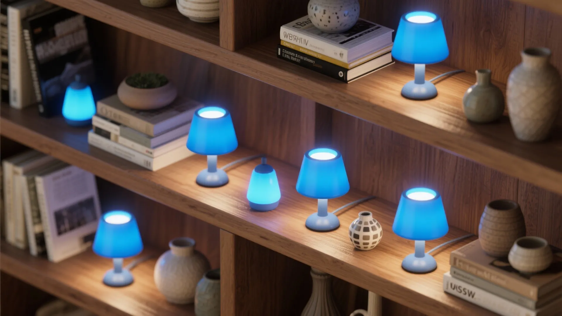 Flatlay of compact blue LED accent lamps and decor items demonstrating scale and placement.