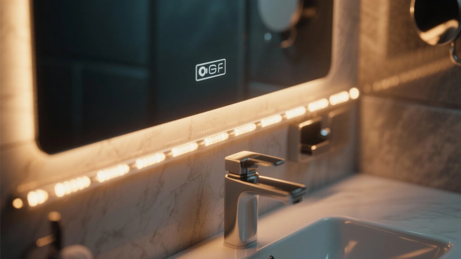 Modern bathroom vanity with warm led light strip under mirror and chrome faucet on white sink