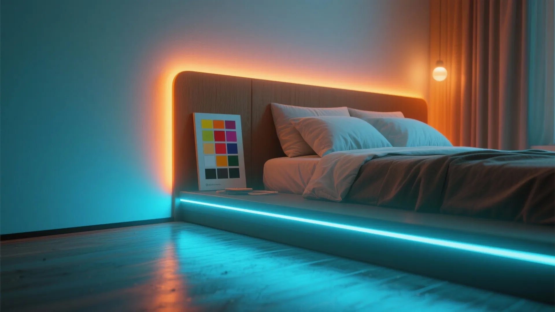 Bedroom bed with orange led light headboard and blue led light strip under bed frame