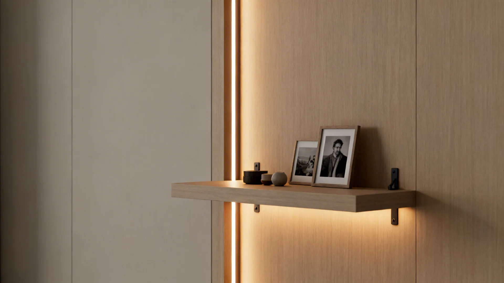 Narrow floating shelf with integrated LED strip accent lighting displaying small decor items.