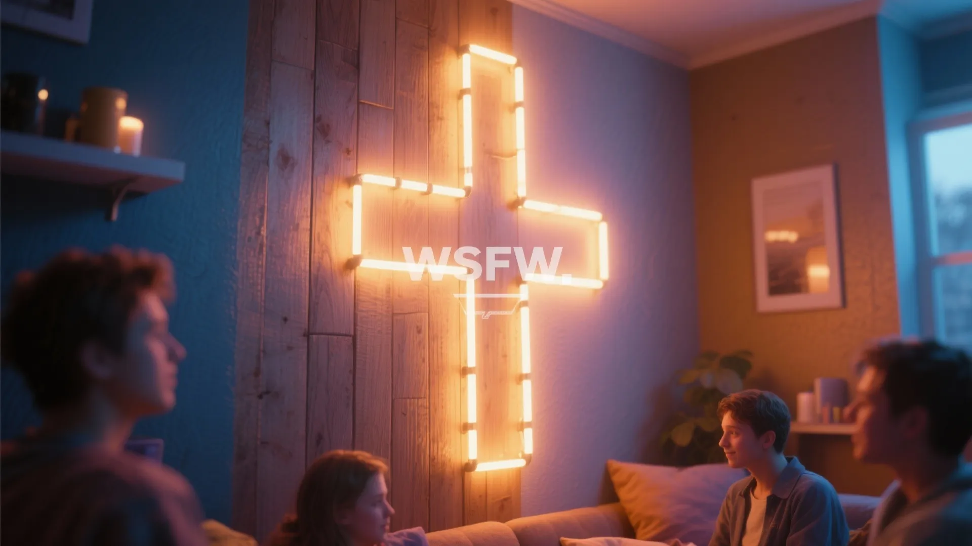 Warm LED cross outline glowing in a youth room wall