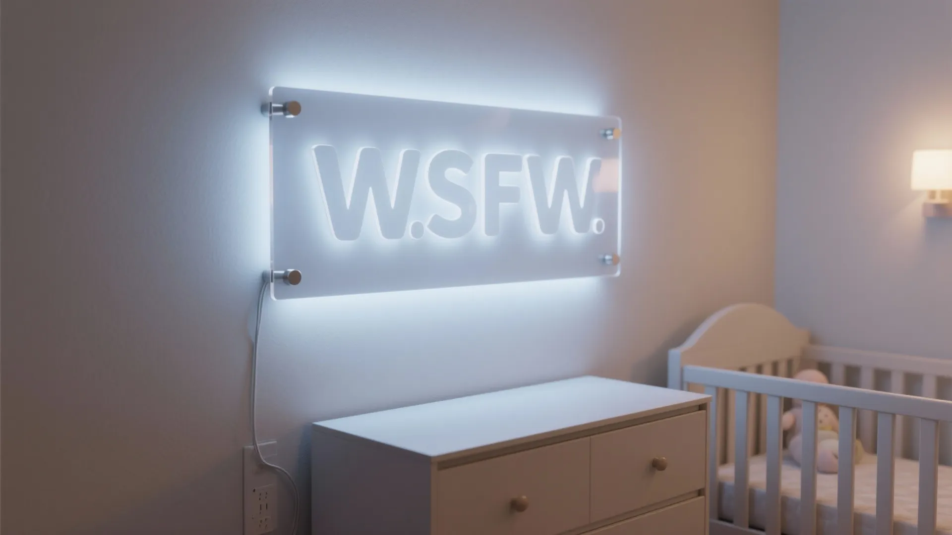 Glowing acrylic light fixture with letters mounted on a wall above a white storage cabinet