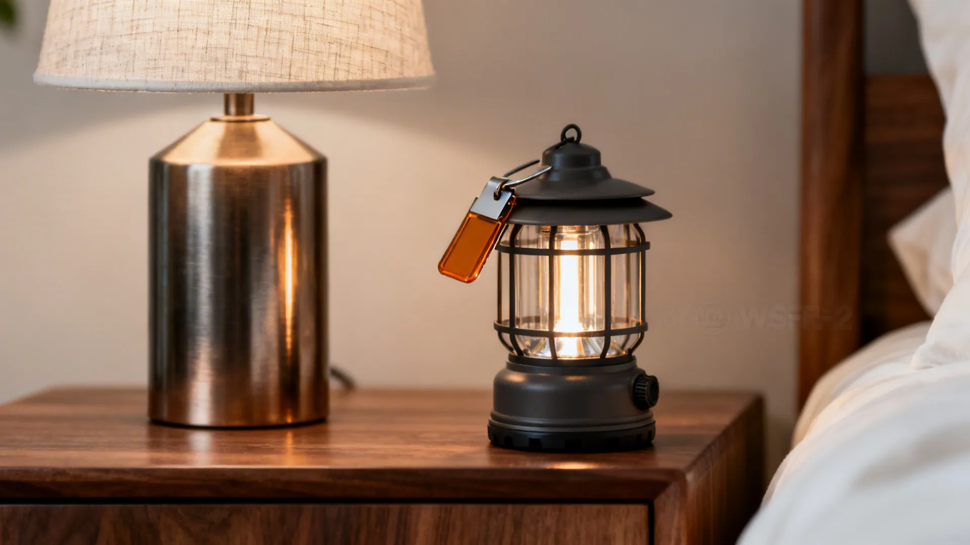 Macro of a small LED lantern with amber filter casting warm light on a wood nightstand.