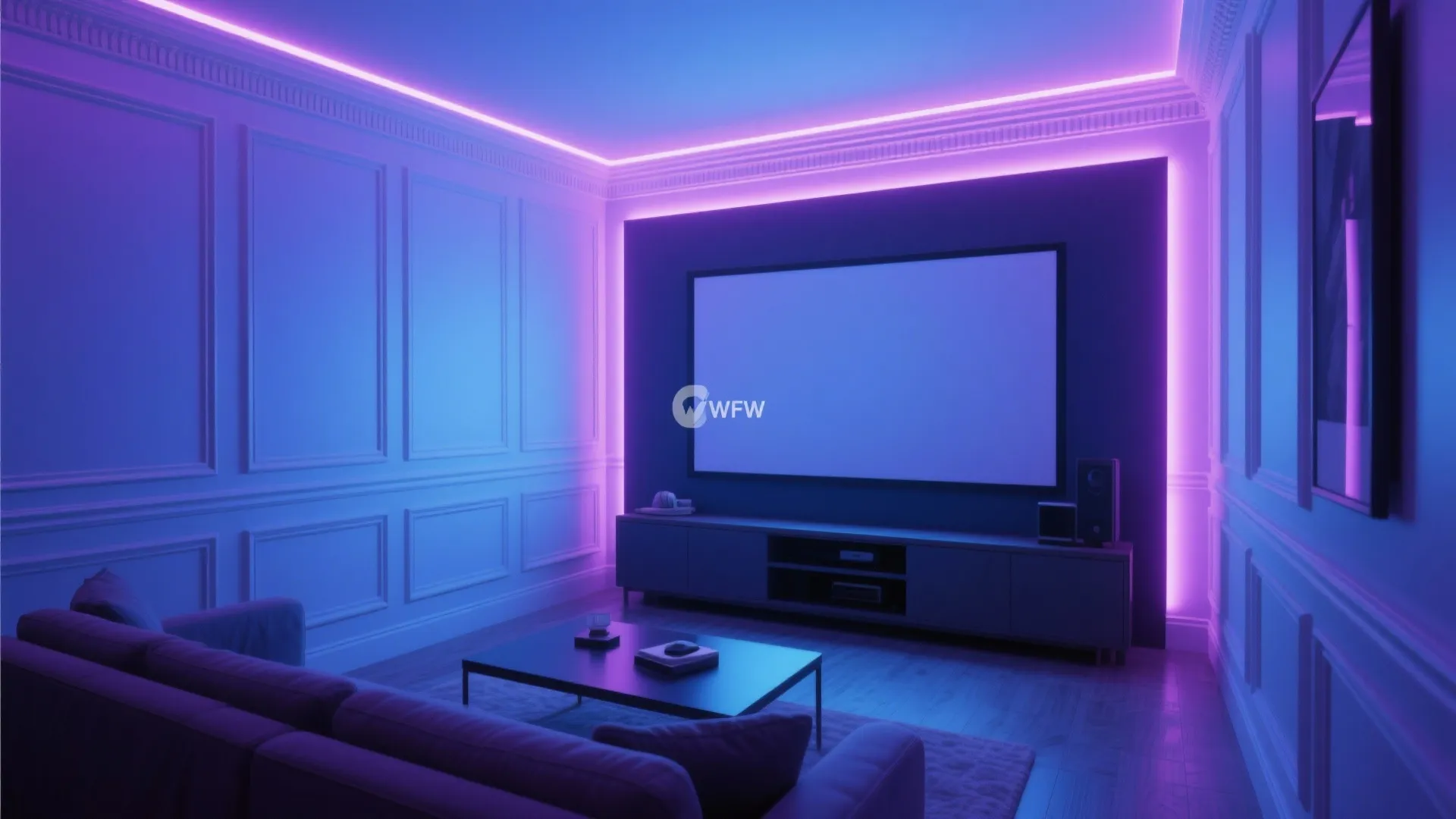 Modern home theater room featuring purple led strip lighting on walls and around large screen