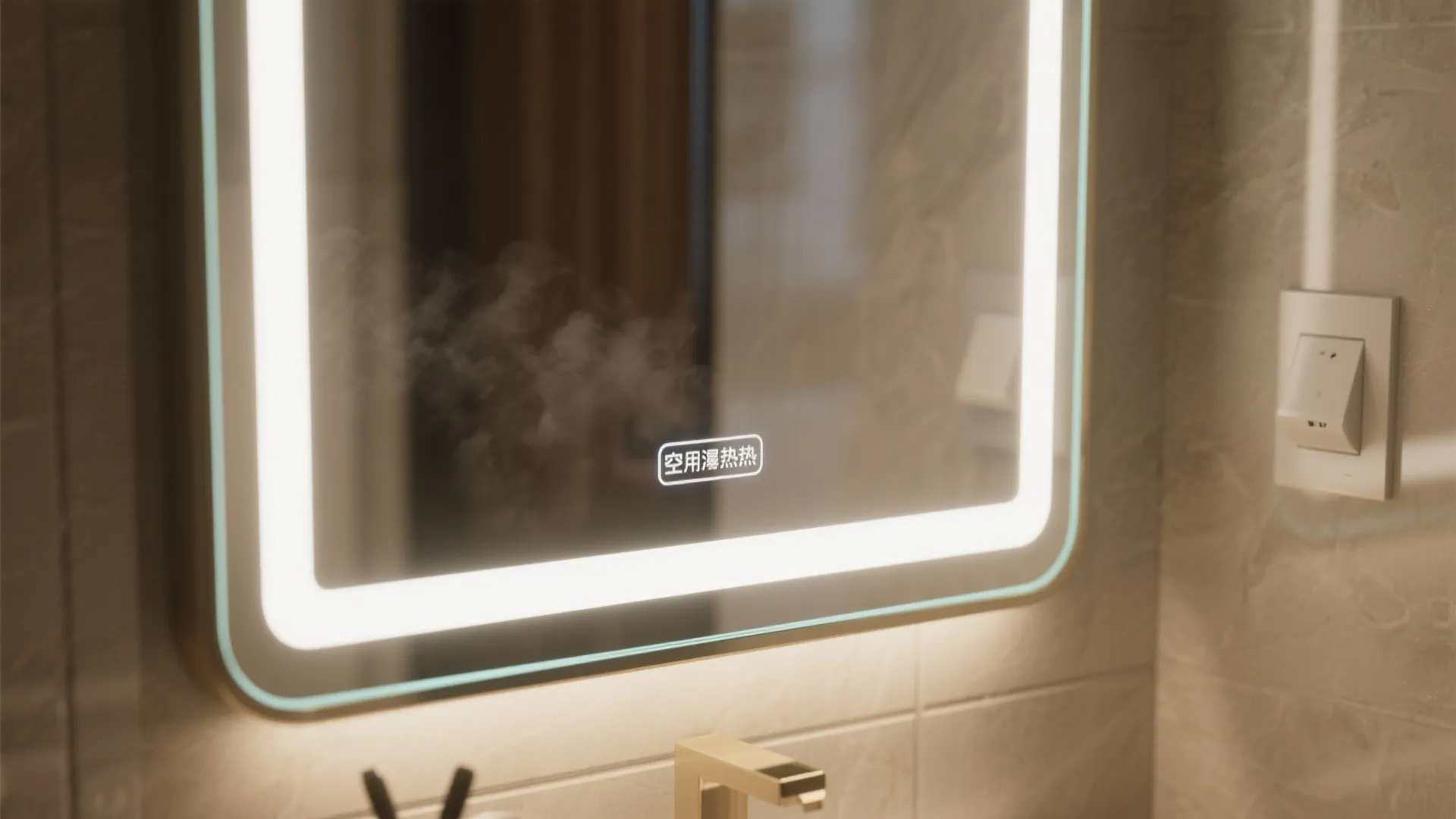 Smart bathroom mirror with built in LED lighting strip and anti fog touch screen button display